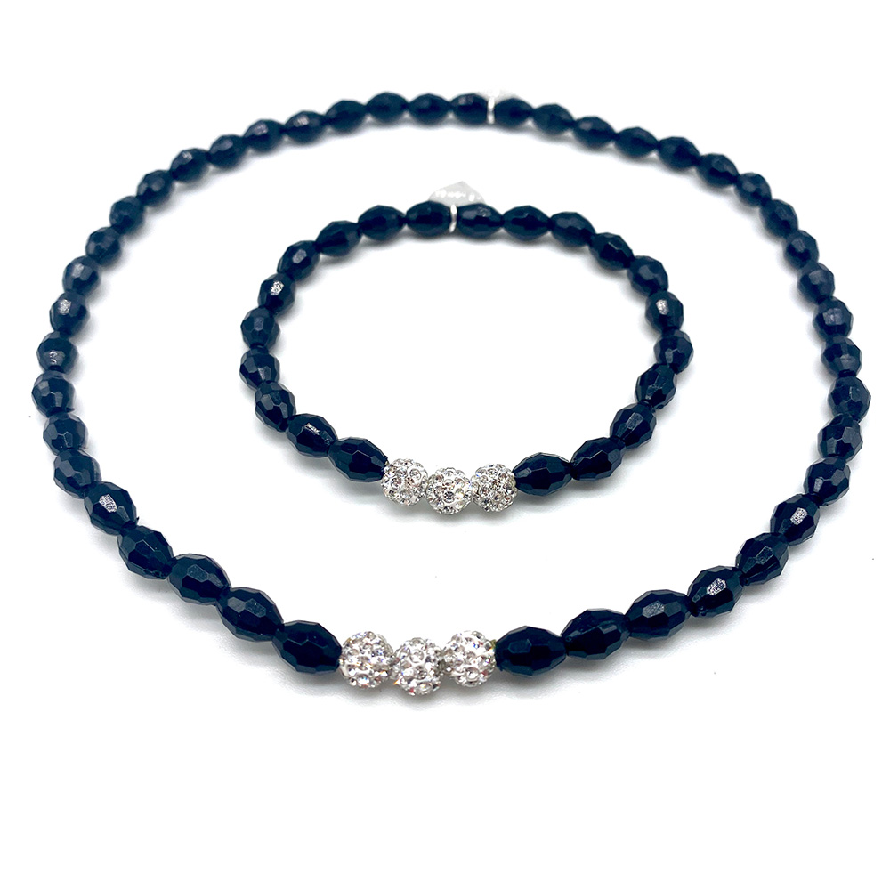 Black Faceted Bead & Pave Crystal Bracelet & Choker Set 