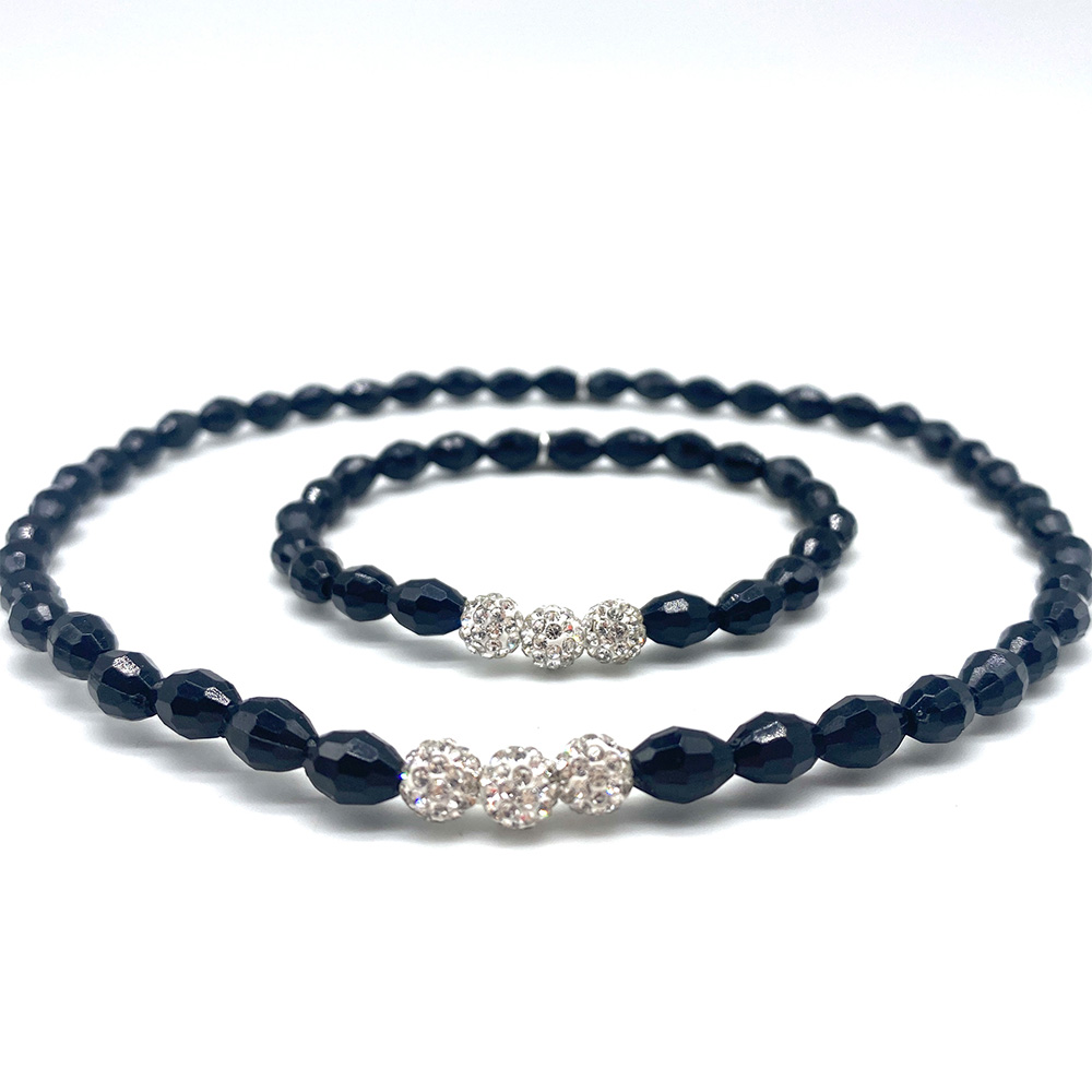 Black Faceted Bead & Pave Crystal Bracelet & Choker Set 